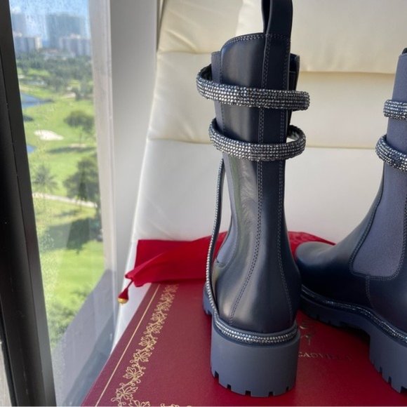 NEW Rene Caovilla Women's Grey Cleo Combat Biker Booties 37.5 7.5 - Picture 7 of 10